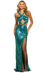 Sequined Cutout Back Zipper V Back Slit Floor Length Natural Waistline Sheath Halter Summer Sleeveless Sheath Dress with a Brush/Sweep Train