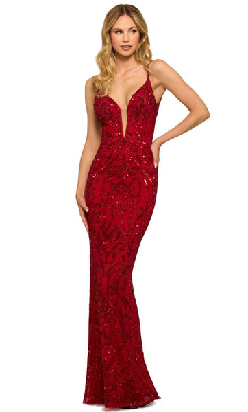 V-neck Sleeveless Beaded Open-Back Back Zipper Sequined Mesh Fitted Sheath Natural Waistline Sheath Dress/Evening Dress with a Brush/Sweep Train