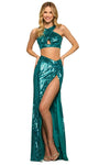 Sleeveless Sequined Slit Open-Back Keyhole Crystal Halter Floor Length Sheath Natural Waistline Sheath Dress/Evening Dress