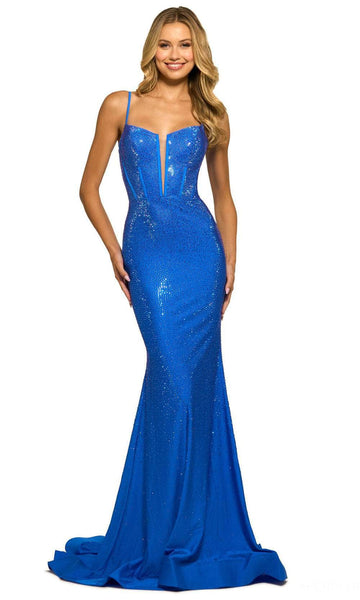 V-neck Plunging Neck Mermaid Spaghetti Strap Corset Natural Waistline Jersey Fitted Illusion Open-Back Beaded Dress with a Brush/Sweep Train With Rhinestones