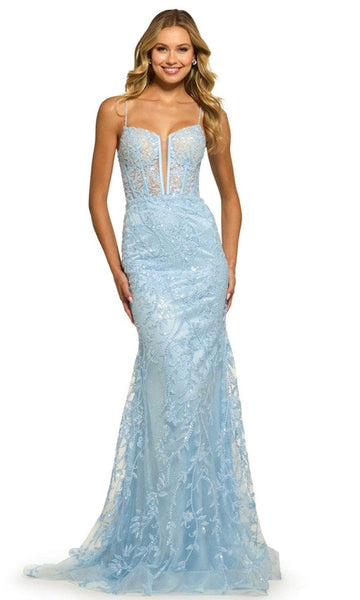 V-neck Floor Length Sleeveless Lace Mermaid Plunging Neck Corset Natural Waistline Applique Lace-Up Open-Back Sequined Sheer Prom Dress