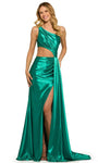 Jersey One Shoulder Sleeveless Natural Waistline Floor Length Sheath Draped Slit Ruched Open-Back Cutout Asymmetric Sheath Dress/Evening Dress with a Brush/Sweep Train