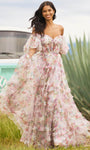 A-line Puff Sleeves Sleeves Sheer Open-Back Corset Natural Waistline Tulle Ruffle Trim Sweetheart Floral Print Prom Dress with a Court Train With a Bow(s)