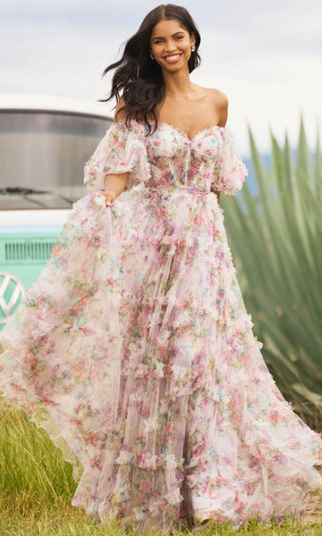A-line Sheer Open-Back Tulle Sweetheart Corset Natural Waistline Floral Print Puff Sleeves Sleeves Ruffle Trim Prom Dress with a Court Train With a Bow(s)