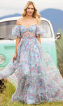 A-line Sweetheart Corset Natural Waistline Tulle Sheer Open-Back Puff Sleeves Sleeves Ruffle Trim Floral Print Prom Dress with a Court Train With a Bow(s)