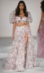 A-line V-neck Tulle Floral Print Empire Waistline Ruffle Trim Floor Length Short Self Tie Sheer Open-Back Slit Tiered Puff Sleeves Sleeves Prom Dress with a Brush/Sweep Train