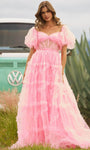 A-line Puff Sleeves Sleeves Off the Shoulder Tulle Back Zipper Sheer Tiered Open-Back Sweetheart Ruffle Trim Corset Natural Waistline Floor Length Short Prom Dress/Party Dress with a Brush/Sweep Train