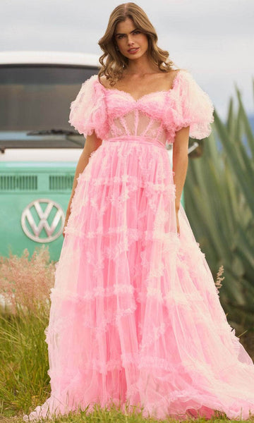 A-line Sweetheart Ruffle Trim Corset Natural Waistline Back Zipper Sheer Tiered Open-Back Tulle Floor Length Short Puff Sleeves Sleeves Off the Shoulder Prom Dress/Party Dress with a Brush/Sweep Train