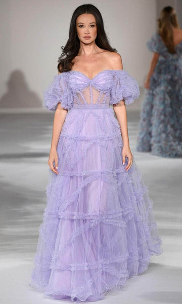 A-line Floor Length Short Ruffle Trim Corset Natural Waistline Tulle Sweetheart Puff Sleeves Sleeves Off the Shoulder Tiered Open-Back Back Zipper Sheer Prom Dress/Party Dress with a Brush/Sweep Train
