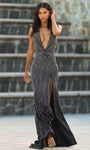 Sexy V-neck Floor Length Halter Plunging Neck Back Zipper Slit Beaded Backless Natural Waistline Sleeveless Sheath Sheath Dress/Evening Dress with a Brush/Sweep Train With Rhinestones