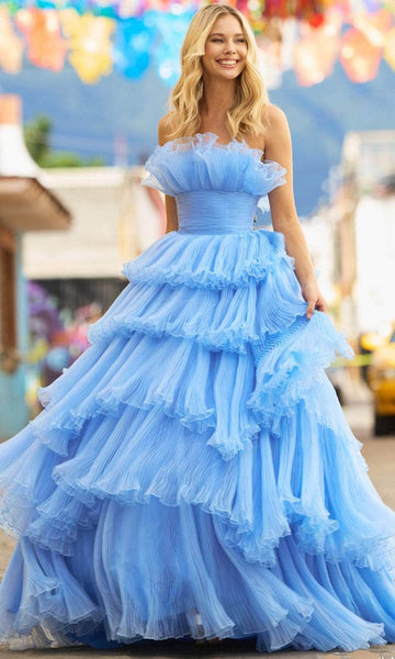 Strapless Floor Length Empire Waistline Ruched Back Zipper Organza Straight Neck Ball Gown Dress With Ruffles