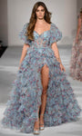 Sophisticated A-line Tiered Sheer Slit Floral Print Tulle Off the Shoulder Corset Natural Waistline Sweetheart Prom Dress/Bodysuit With Ruffles