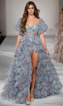 Sophisticated A-line Floral Print Sweetheart Corset Natural Waistline Off the Shoulder Tulle Tiered Slit Sheer Prom Dress/Bodysuit With Ruffles