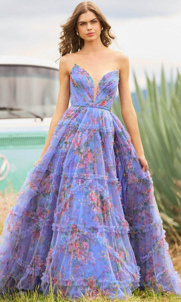 Sexy A-line V-neck Strapless Tulle Ruffle Trim Floral Print Open-Back Ruched Sheer Slit Fitted Floor Length Corset Natural Waistline Evening Dress