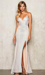 V-neck Spaghetti Strap Sheath Empire Waistline Sequined Slit Lace-Up Sheath Dress with a Brush/Sweep Train