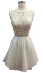 Sophisticated A-line Bateau Neck Scoop Neck Sleeveless Crystal Beaded Sequined Back Zipper Belted Cocktail Above the Knee Natural Waistline Homecoming Dress