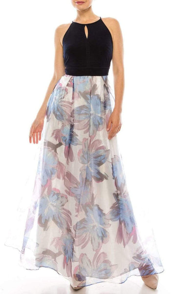 A-line Floral Print Halter Cutout Pleated Keyhole Natural Waistline Sleeveless Floor Length Dress