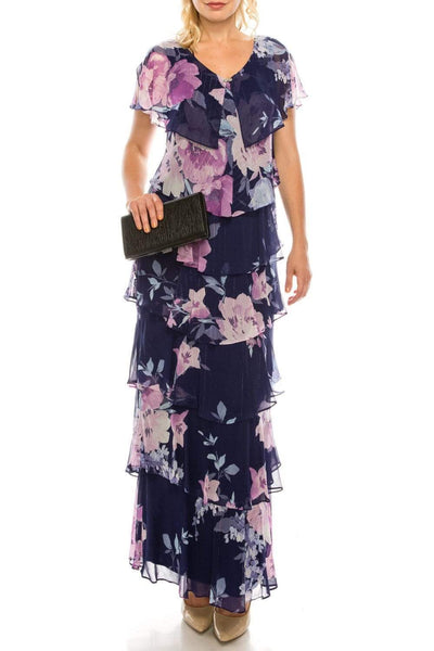 V-neck Sheath Floral Print Natural Waistline Tiered Floor Length Sheath Dress/Party Dress