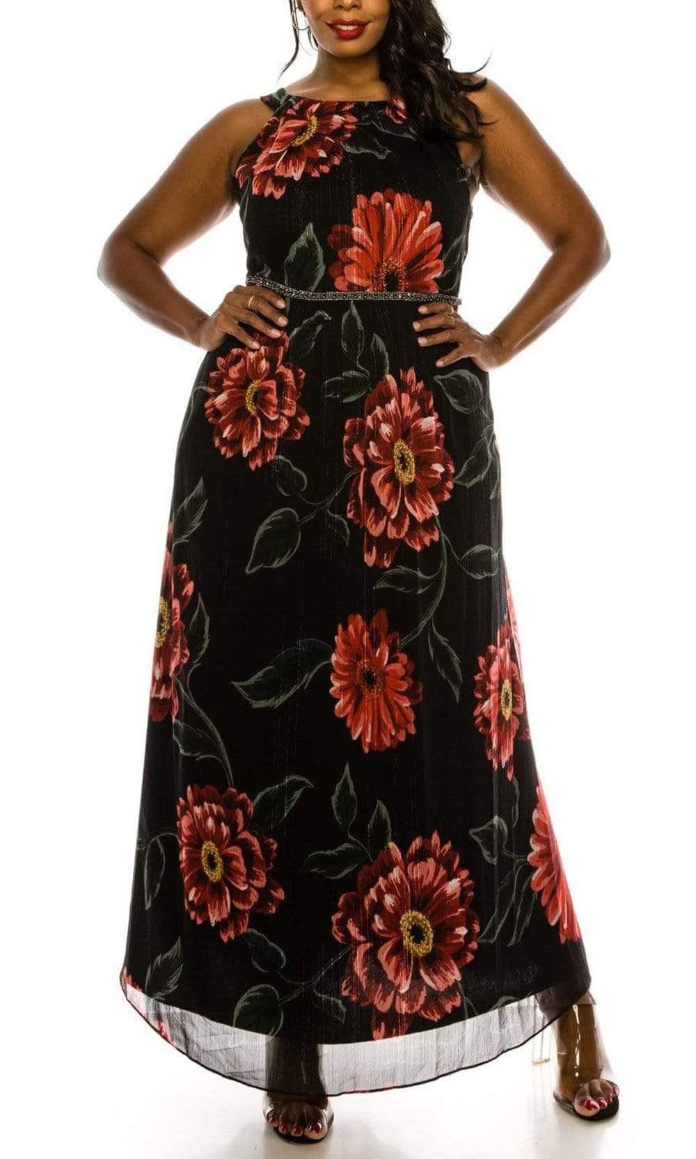 SLNY - 9471488 Floral Bateau Evening Dress
