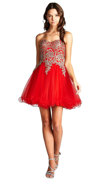 A-line Strapless Lace-Up Embroidered Fitted Natural Waistline Short Sweetheart Homecoming Dress With Rhinestones