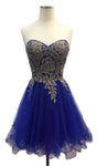 A-line Strapless Short Lace-Up Fitted Embroidered Natural Waistline Sweetheart Homecoming Dress With Rhinestones