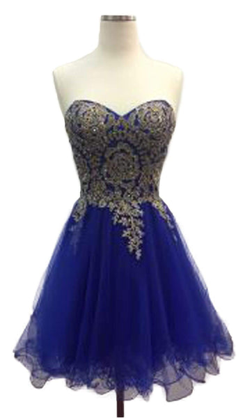 A-line Strapless Natural Waistline Short Sweetheart Fitted Embroidered Lace-Up Homecoming Dress With Rhinestones