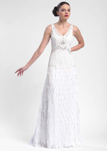 A-line V-neck Chiffon Floor Length Crystal Illusion Beaded Dropped Waistline Party Dress With Rhinestones