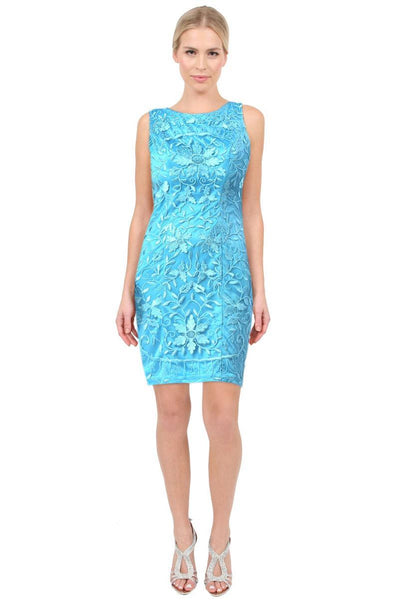 Embroidered Fitted Mesh Short Floral Print Natural Waistline Bateau Neck Sheath Sleeveless Sheath Dress