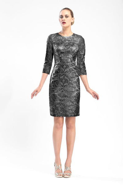 Natural Waistline Sheath 3/4 Sleeves Fitted Open-Back Mesh Jeweled Neck General Print Above the Knee Sheath Dress