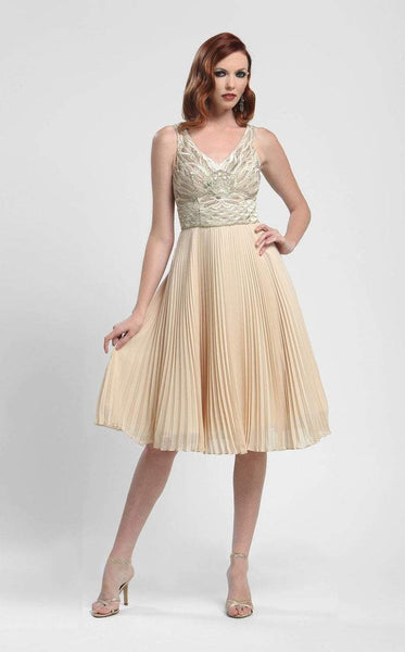 A-line V-neck Flutter Sleeves Sleeveless Thick Straps Chiffon Embroidered Sequined Accordion Pleated Above the Knee Natural Waistline Dress