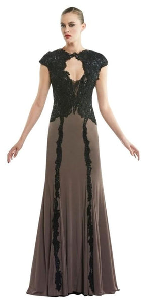 A-line Floor Length Jeweled Neck Cap Sleeves Applique Keyhole Mesh Sequined Natural Waistline Dress