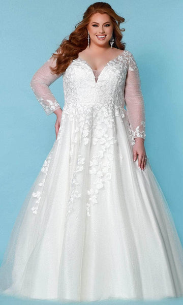 Sophisticated A-line V-neck Natural Waistline Sweetheart Floral Print Long Sleeves Embroidered Glittering Sheer Wedding Dress with a Brush/Sweep Train