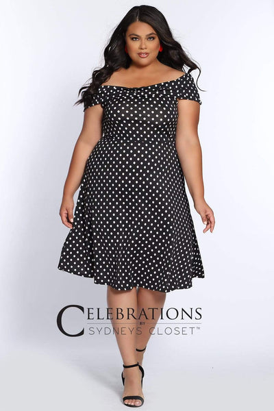 A-line Off the Shoulder Cocktail Above the Knee Natural Waistline Polka Dots Print Open-Back Fitted Dress