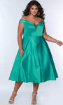 Plus Size A-line V-neck Cocktail Tea Length Off the Shoulder Spaghetti Strap Sheer Belted Open-Back Back Zipper Illusion Pocketed Satin Natural Waistline 2011 Evening Dress/Prom Dress