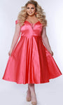 Plus Size A-line V-neck Cocktail Tea Length 2011 Satin Natural Waistline Pocketed Back Zipper Open-Back Sheer Belted Illusion Off the Shoulder Spaghetti Strap Evening Dress/Prom Dress