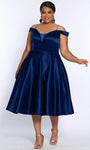 Plus Size A-line V-neck 2011 Natural Waistline Off the Shoulder Spaghetti Strap Cocktail Tea Length Satin Open-Back Belted Pocketed Sheer Illusion Back Zipper Evening Dress/Prom Dress