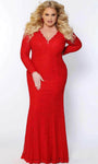 Plus Size V-neck Lace Fitted Back Zipper Mesh Beaded Long Sleeves Natural Waistline Fit-and-Flare Mermaid Floor Length Party Dress with a Brush/Sweep Train