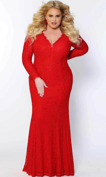 Plus Size V-neck Floor Length Lace Long Sleeves Mesh Beaded Back Zipper Fitted Fit-and-Flare Mermaid Natural Waistline Party Dress with a Brush/Sweep Train