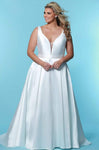 A-line V-neck Back Zipper Open-Back Pocketed Pleated Illusion Natural Waistline Sleeveless Floor Length Plunging Neck Satin Wedding Dress with a Brush/Sweep Train