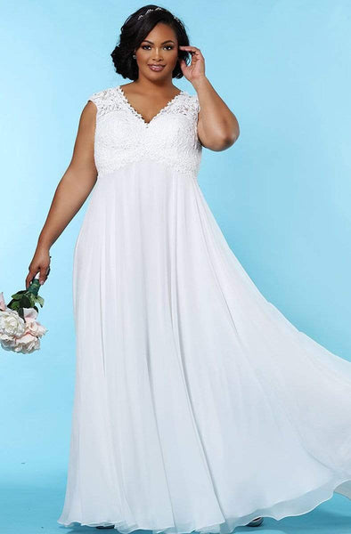 A-line V-neck Back Zipper Cap Sleeves Empire Waistline Floor Length Wedding Dress with a Brush/Sweep Train