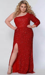 Plus Size Natural Waistline Sheath Cocktail Floor Length Open-Back Slit Sequined Back Zipper Asymmetric Knit Long Sleeves One Shoulder Sheath Dress/Prom Dress With Pearls