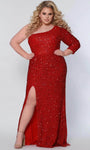 Plus Size Sheath Cocktail Floor Length Long Sleeves One Shoulder Open-Back Sequined Back Zipper Slit Asymmetric Natural Waistline Knit Sheath Dress/Prom Dress With Pearls