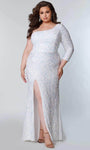 Plus Size Sheath Long Sleeves One Shoulder Cocktail Floor Length Knit Open-Back Slit Asymmetric Back Zipper Sequined Natural Waistline Sheath Dress/Prom Dress With Pearls