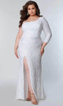 Plus Size Knit Natural Waistline Cocktail Floor Length Long Sleeves One Shoulder Sequined Asymmetric Back Zipper Slit Open-Back Sheath Sheath Dress/Prom Dress With Pearls