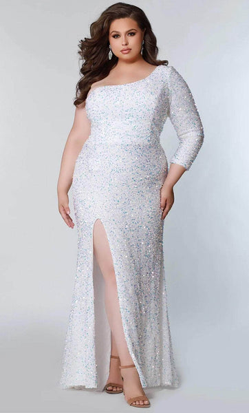 Plus Size Natural Waistline Long Sleeves One Shoulder Sheath Cocktail Floor Length Knit Back Zipper Sequined Slit Open-Back Asymmetric Sheath Dress/Prom Dress With Pearls