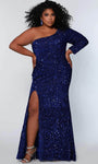 Plus Size Knit Long Sleeves One Shoulder Natural Waistline Sheath Cocktail Floor Length Open-Back Slit Sequined Asymmetric Back Zipper Sheath Dress/Prom Dress With Pearls