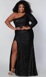 Plus Size Knit Long Sleeves One Shoulder Asymmetric Back Zipper Sequined Open-Back Slit Sheath Natural Waistline Cocktail Floor Length Sheath Dress/Prom Dress With Pearls