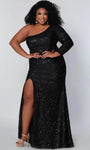 Plus Size Sheath Open-Back Asymmetric Sequined Slit Back Zipper Knit Natural Waistline Long Sleeves One Shoulder Cocktail Floor Length Sheath Dress/Prom Dress With Pearls