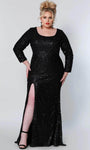 Plus Size Sophisticated Cocktail Floor Length Scoop Neck Long Sleeves Natural Waistline Sheath Back Zipper Fitted Slit Sequined Knit Sheath Dress/Evening Dress/Prom Dress With Pearls