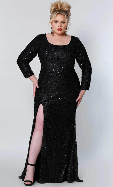 Plus Size Sophisticated Long Sleeves Knit Scoop Neck Sheath Natural Waistline Sequined Fitted Back Zipper Slit Cocktail Floor Length Sheath Dress/Evening Dress/Prom Dress With Pearls